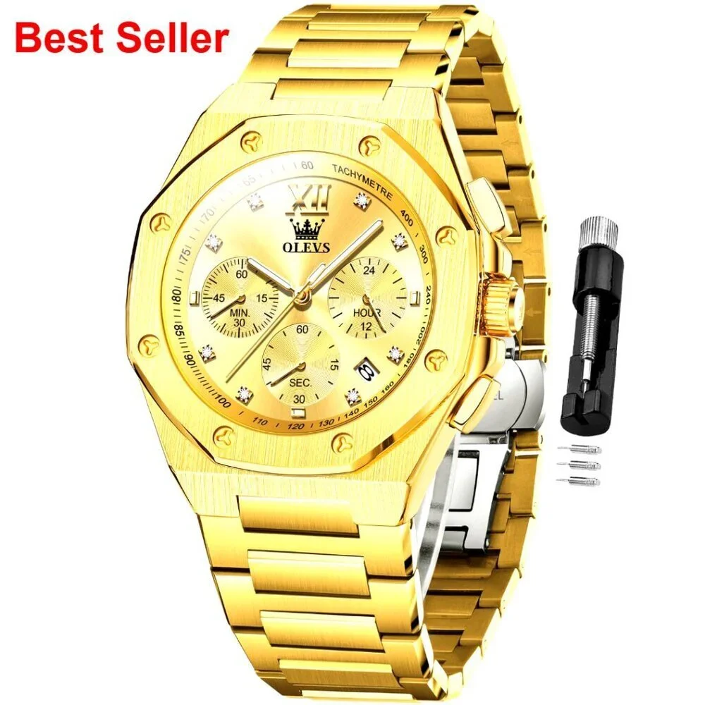 Stainless Steel Analog Chronograph Watch with Date Display and Luminous Hands